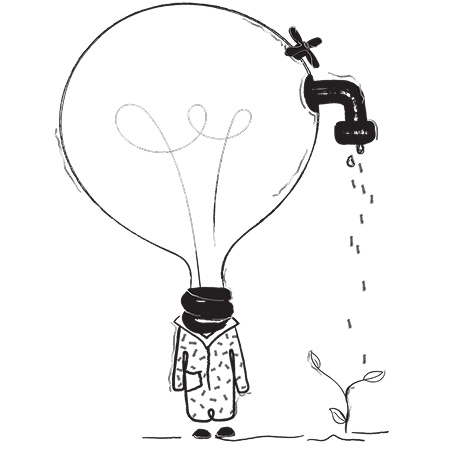A lightbulb-shaped watering can that is watering a growing plant.