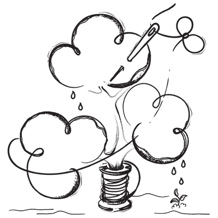 A needle that is threading together three clouds.